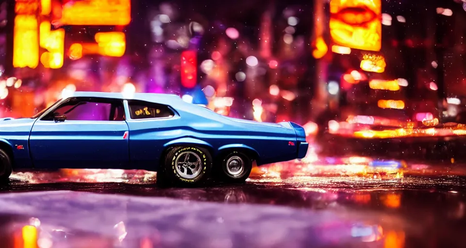 Image similar to close up macro shot of a 1 9 7 3 ford xb falcon gt car on wet city street at night, intricate, hyper detailed, smooth, high contrast, neon, volumetric lighting, octane, moebius, greg rutkowski, blade runner, ripley scott, cindmatic