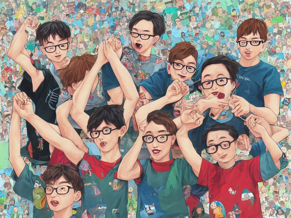 Prompt: A group of three strong brothers with glasses lifting all day, in the style of Hikari Shimoda, high resolution, 4k