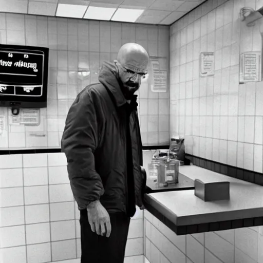 Image similar to walter white smoking in a mcdonalds bathroom