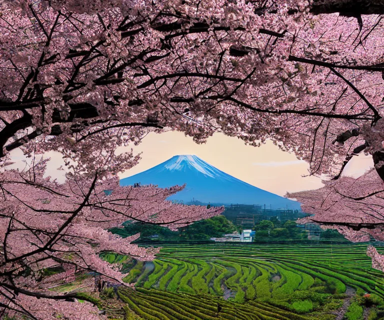 Image similar to a photo of mount fuji, japanese ladscapes, rice paddies, sakura trees, seen from a window of a train. cinematic lighting.