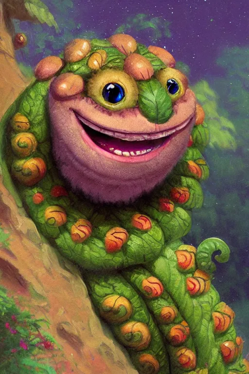 Prompt: a joyful caterpillar, eyes, smile, art by Thomas Kinkade, trending on artstation