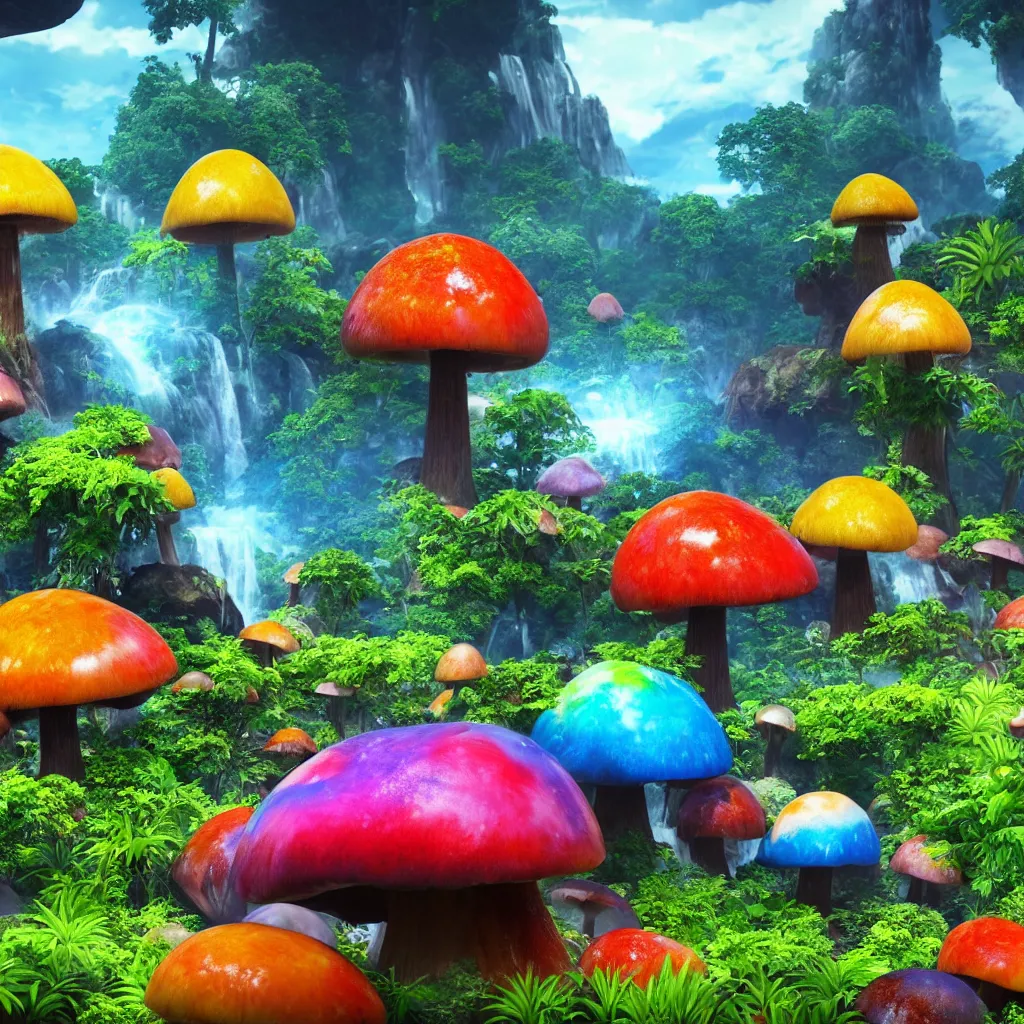 Image similar to colorful alien planet background, giant mushrooms, waterfall, tropical vegetation, landscape, rocks, anime, octane render, 4 k, ingame shot