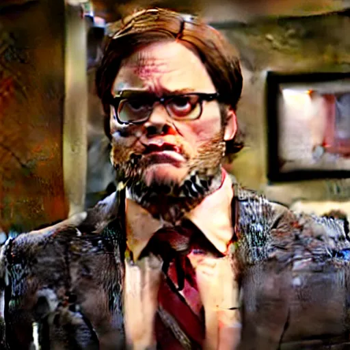 Prompt: cinematic scene with seth rogan as dwight schrute, dramatic, small details, volumetric lighting, still frame