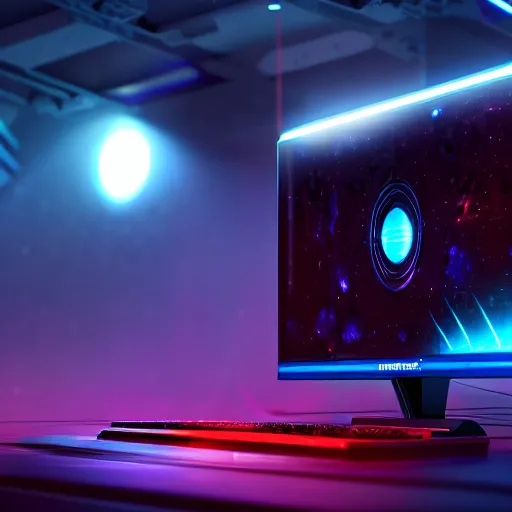 Image similar to a galactic overpowered computer. Overpower, Overclocking, mat black metal, space colors RGB stripes, alienware, Beautiful dramatic dark moody tones and lighting, Ultra realistic details, cinematic atmosphere, studio lighting, shadows, space colors walls background, Octane render, 8K