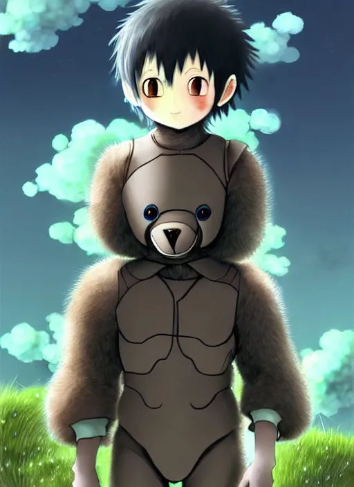 Image similar to beautiful little boy wearing an cyborg bear suit, artwork in kentaro miura and made in abyss and rosdraws, smooth, beautiful lightness, anatomically correct, trending on pixiv, forest