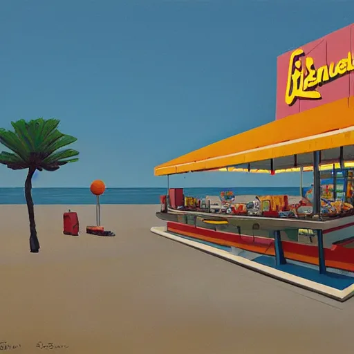 Image similar to fast food counter by the beach by simon stalenhag