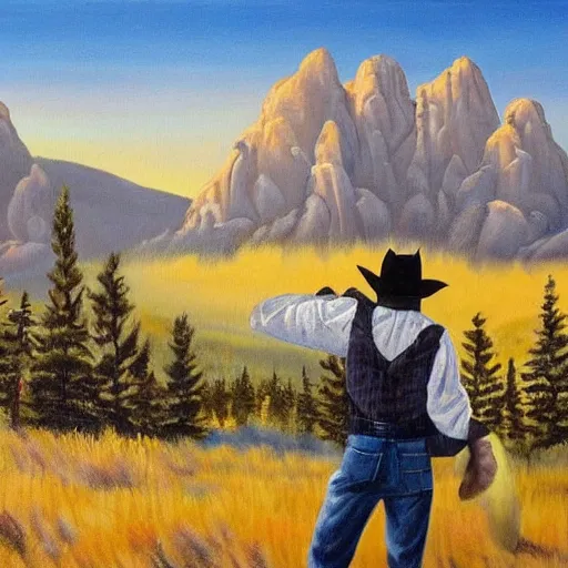 Prompt: surreal painting from a cowboy in front of the rocky mountains