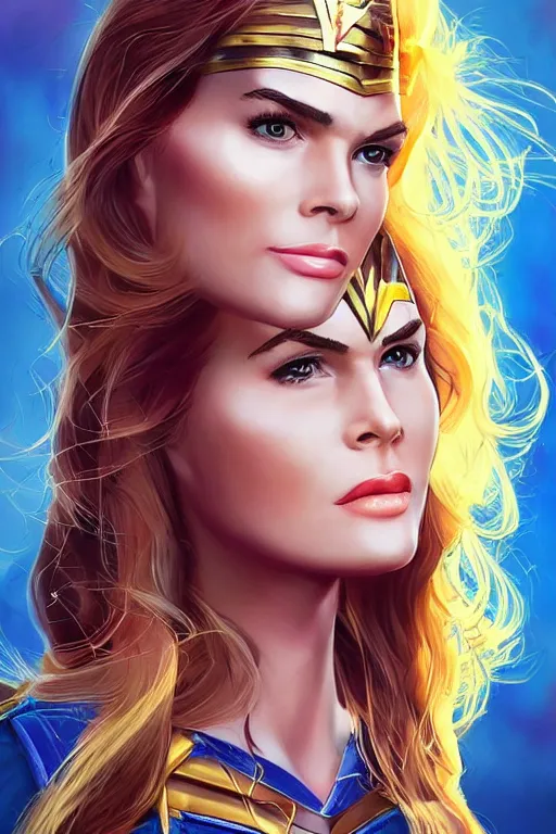 Image similar to portrait of a mix of beautiful young maria shriver, mariel hemmingway, brooke shields and elle macpherson as wonderwoman, thin lips, hair tied up in a pony tail, colorful artstation, cgsociety