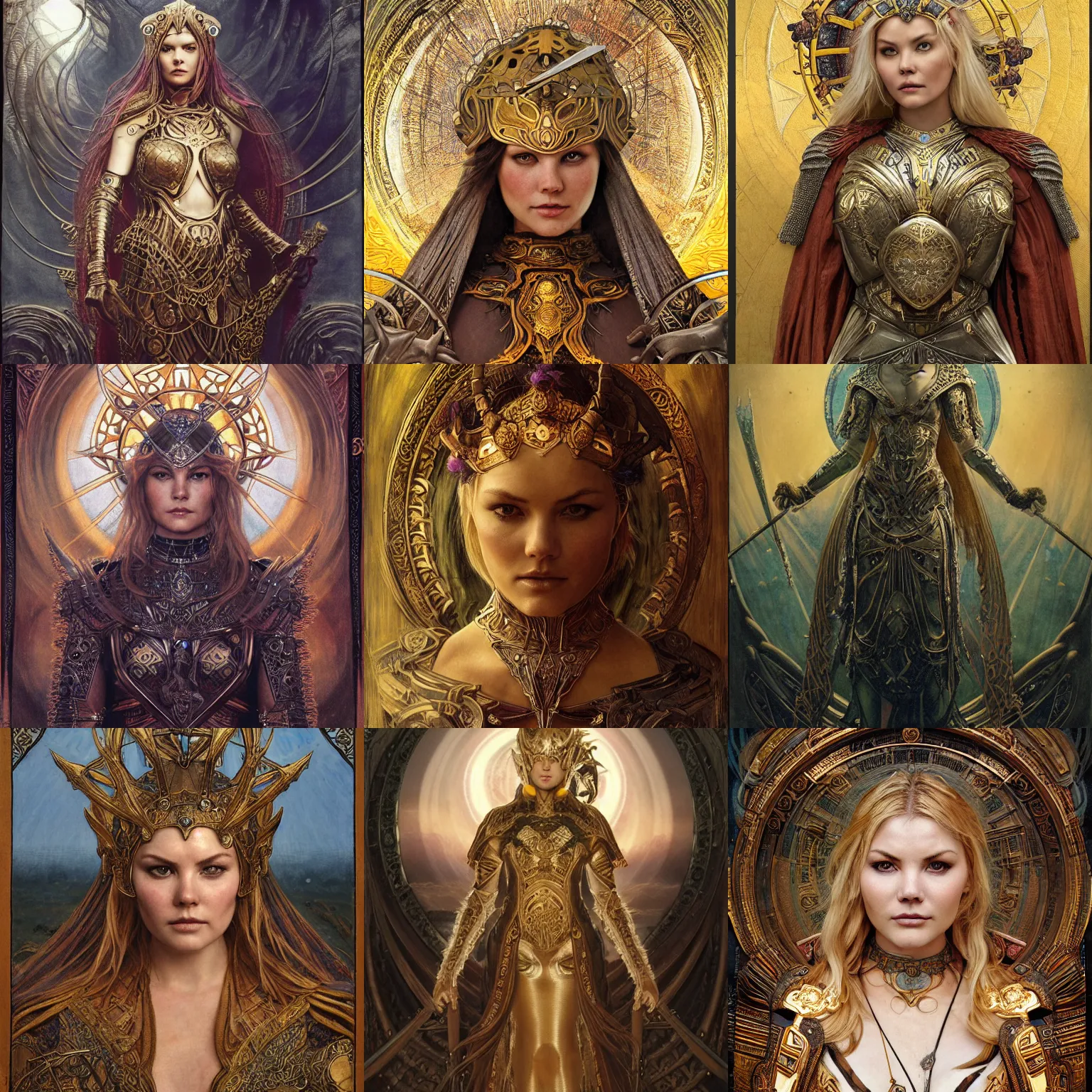 Prompt: Elisha Cuthbert as a Elden Ring warrior masterpiece, intricate medieval armour, centred symmetrical portrait, shoulders and head, art nouveau tarot style, golden halo, by Edgar Maxence, Ross Tran, distaw Beksinski, Michael Whelan, gustav dore, H.R. Giger, and Mucha, 8k, octane render