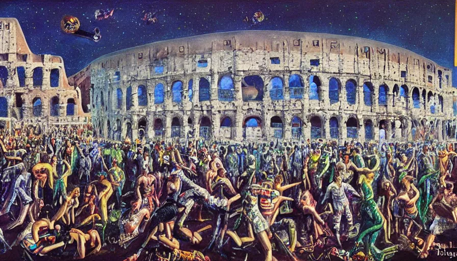 Image similar to rave party at the Colosseum by Kelly Freas