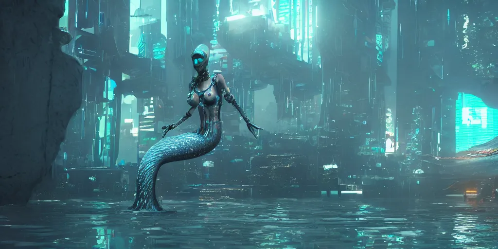 Image similar to mermaid DOOM ,cyberpunk ,robot, unreal engine 5, movie 8k