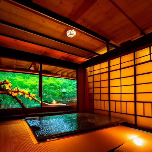 Image similar to inside a cozy dark wooden Japanese house with a indoor koi pond at night raining, bonsai trees, fireflies, wild flowers, raining, bamboo forest, night time