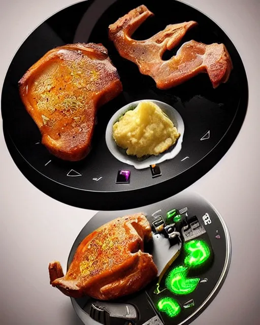 Image similar to gamer porkchops and mashed potatos on the new razer gaming LED plate, HD, trending on artstation, instagram post, LED