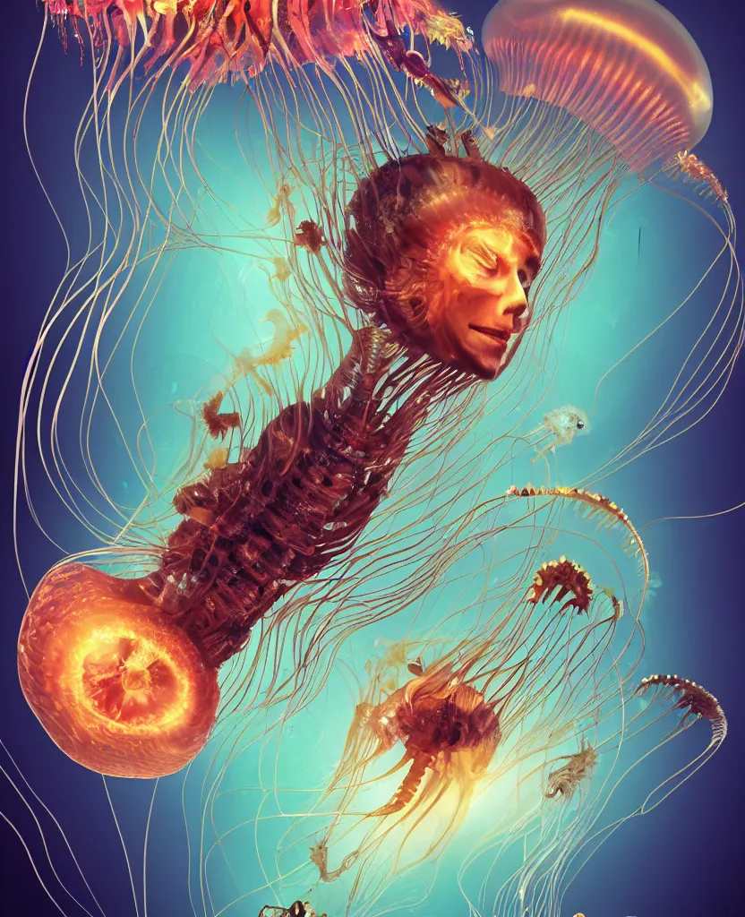 Image similar to close-up portrait of the face of a beautiful princess in a twisted flowers jellyfish mask in a spaceman suit surrounded by energy flow, epic angle and pose, symmetrical artwork, 3d with depth of field, blurred background, floating jellyfish skull phoenix bird, translucent, nautilus, energy flows of water and fire. a highly detailed epic cinematic concept art CG render. made in Maya, Blender and Photoshop, octane render, excellent composition, cinematic dystopian brutalist atmosphere, dynamic dramatic cinematic lighting, aesthetic, very inspirational, arthouse. y Greg Rutkowski, Ilya Kuvshinov, WLOP, Stanley Artgerm Lau, Ruan Jia and Fenghua Zhong