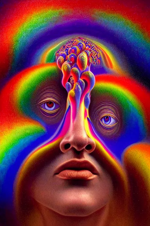 Prompt: hyperrealistic abstract close-up portrait Renaissance psychedelic!! celestial happy! pure creature!! peaceful! kind spirit of nature! beautiful fractal eyes! highly detailed concept art eric zener elson peter cinematic hard rainbow lighting high angle hd 8k sharp shallow depth of field, inspired by Zdzisław Beksiński Salvador Dali