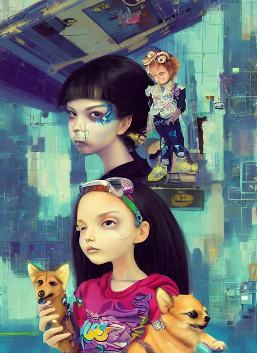 Prompt: beautiful portrait painting of a cute lofi cyberpunk princess girl and her corgi assassin king, by Afarin Sajedi, Alessandro Barbucci, Alex Gross, Shin Jeongho, Shohei Otomo. trending on Artstation, 8k, masterpiece, face enhance, graffiti paint, fine detail, full of color, intricate detail, golden ratio illustration