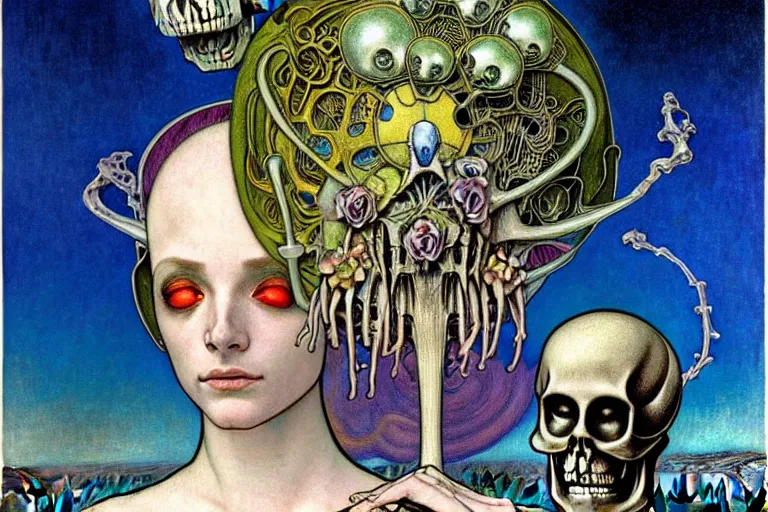 Image similar to realistic detailed portrait painting of an alien and a skeleton with a single rose wearing sci-fi helmet in a dystopian landscape by Jean Delville, Amano, Yves Tanguy, Alphonse Mucha, Ernst Haeckel, Edward Robert Hughes, Roger Dean, rich moody colours, blue eyes