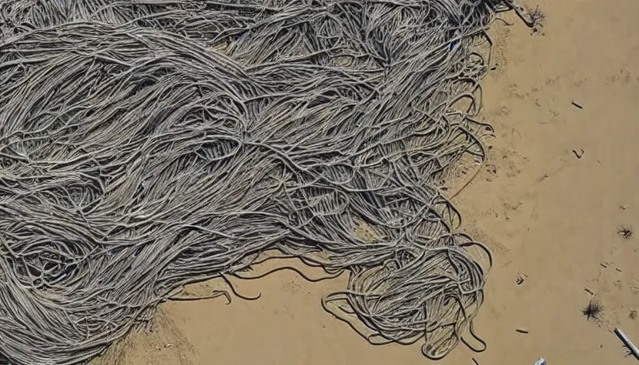 Image similar to CNN news footage taken from above. A huge Spaghetti Monster is washed up on the beach.