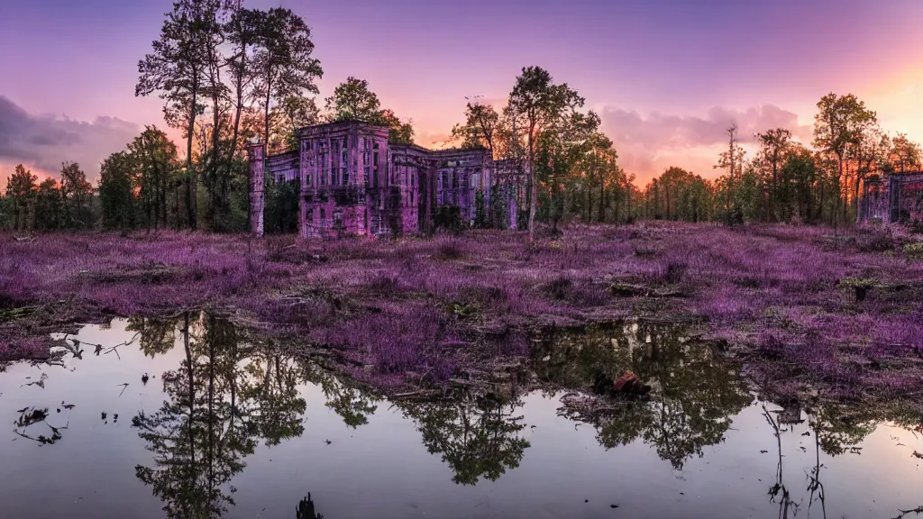 Image similar to abandoned huge building, puddles of water, mushrooms, sunrise, purple glow, by greg rutkowsky and ivan shishkin,