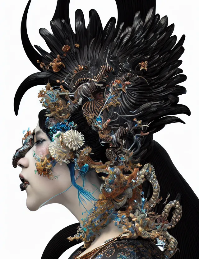 Image similar to 3 d goddess close - up profile simple portrait baroque queen with mohawk with ram skull. beautiful intricately detailed japanese crow kitsune mask and clasical japanese kimono. betta fish, jellyfish phoenix, bio luminescent, plasma, ice, water, wind, creature, artwork by tooth wu and wlop and beeple and greg rutkowski