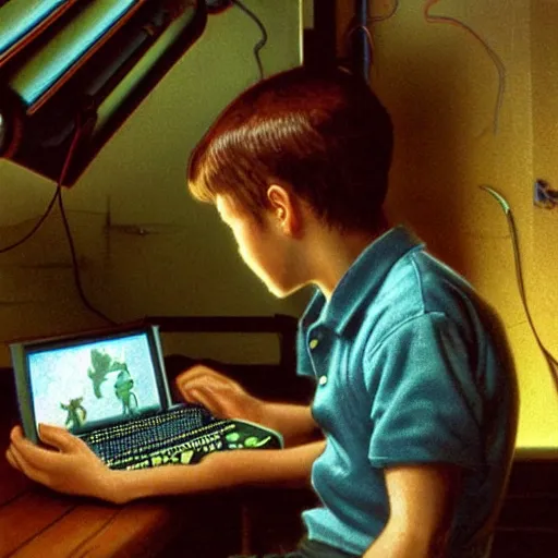 Image similar to a boy playing video games on a 1990s computer in the 1990s retro by Stanley Artgerm Lau, greg rutkowski, thomas kindkade, alphonse mucha, loish, norman Rockwel