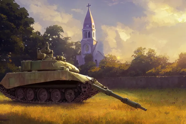 Prompt: a tank with a church as tanktower, scene in an open field. key visual, conceptart, ambient lighting, highly detailed, digital painting, artstation, concept art, sharp focus, by makoto shinkai and akihiko yoshida and greg manchess