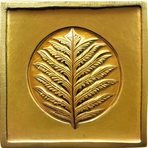 Prompt: ornate engraved carving of ( an art deco fern leaf in a flat circular inset ) on a square gold panel