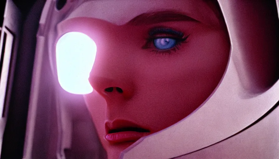 Image similar to 1 9 6 0 s movie still of a beautiful female valkyrie space marine, scifi, 2 0 0 1 a space odyssey, star wars, star trek, cinestill 8 0 0 t 3 5 mm, high quality, heavy grain, neon, cyberpunk, shadowrun, high detail, panoramic, cinematic composition, dramatic light, ultra wide lens, anamorphic, flares