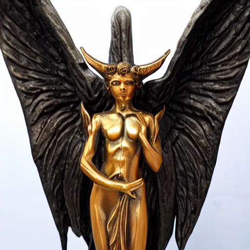 Image similar to very photorealistic photo of a very detailed full body resin statue of angel lucifer on a white background, award - winning details