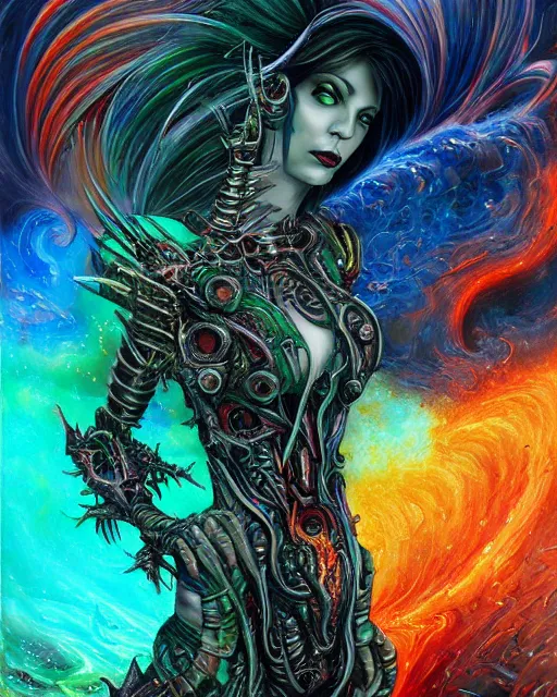 Prompt: mechanical charred bloody fleshmetal cyborg daemonhost woman psychedelic flamer of tzeentch, blue and green rainbow fire, by antonio j. manzanedo, alex grey, android jones, wayne barlowe, philippe druillet, raymond swanland, cyril rolando, josephine wall, harumi hironaka, cronenburg, trending on artstation