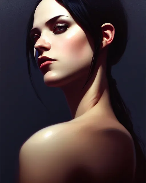 Image similar to stylized portrait of an artistic pose, composition, dark mysterious young lady, cinematic moody colors, one single head, realistic shaded, fine details, realistic shaded lighting poster by ilya kuvshinov, magali villeneuve, artgerm, jeremy lipkin and michael garmash and rob rey