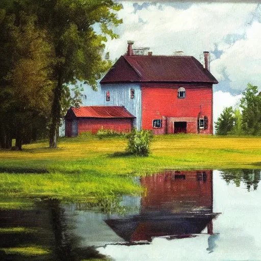 Image similar to farmhouse beside a lake, felix Kelly, trending on artstation