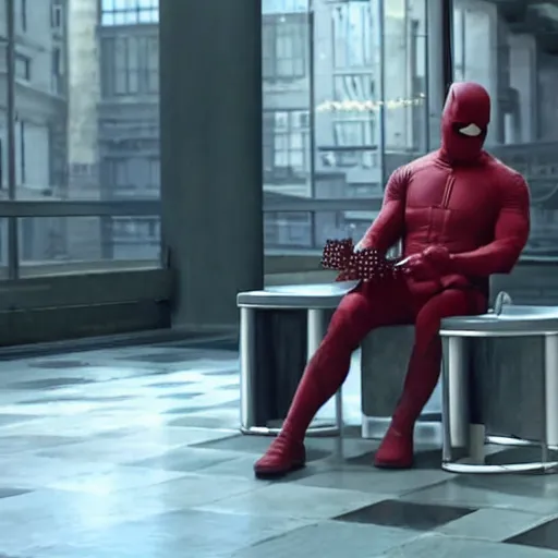 Image similar to daredevil pondering in front of a chess table, marvel movie