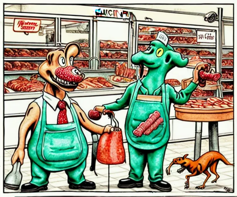 Prompt: cute and funny, greyhound stealing sausages from a butcher. butcher is wearing apron and holding rolling pin. ratfink style by ed roth, centered award winning watercolor pen illustration, isometric illustration by chihiro iwasaki, the artwork of r. crumb and his cheap suit, cult - classic - comic, edited by range murata