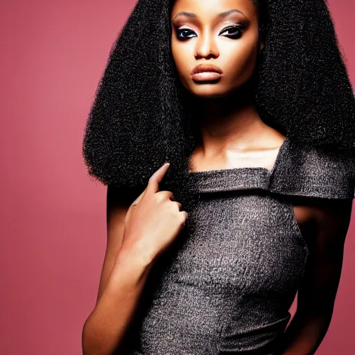 Prompt: Close up of a beautiful black female fashion model with huge hair wearing an edgy black dress in room of mirrors, photography ,vogue magazine editorial