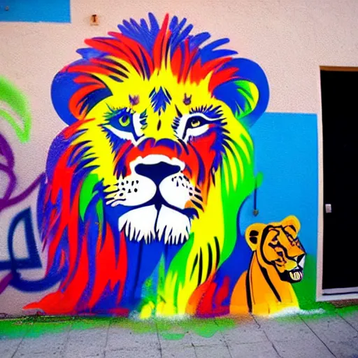 Prompt: wall with graffiti, splash painting of a lion