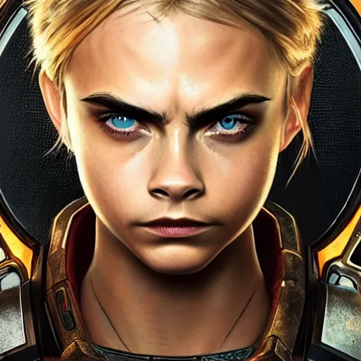 Image similar to Symmetric movie poster of Cara delevingne as Samus Aran , Gears of War cover art, ultra wide lens shot,cinematic lighting, beautiful,art by Artgerm and Greg Rutkowski and Alphonse Mucha