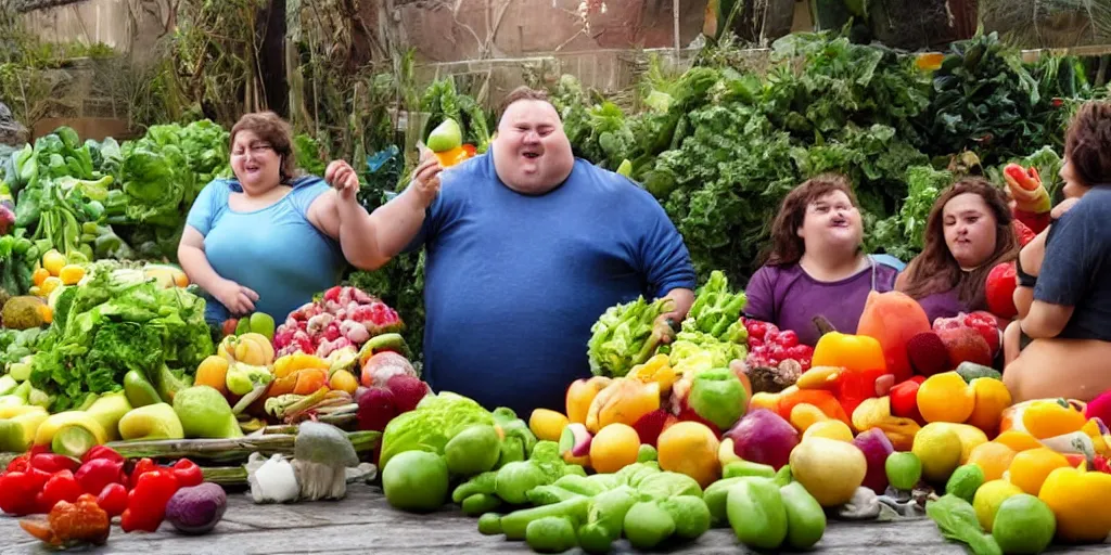 Image similar to huge fat people eating fruits and vegetables