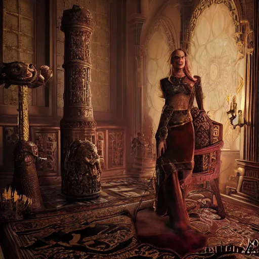 Image similar to the elder scrolls vi, charismatic!!! regal!!! brunette female jarl, portrait, throne room, atmospheric lighting, painted, intricate, volumetric lighting, beautiful, daytime, sunny weather, slight overcast, sharp focus, deep colours, ultra detailed, by leesha hannigan, ross tran, thierry doizon, kai carpenter, ignacio fernandez rios