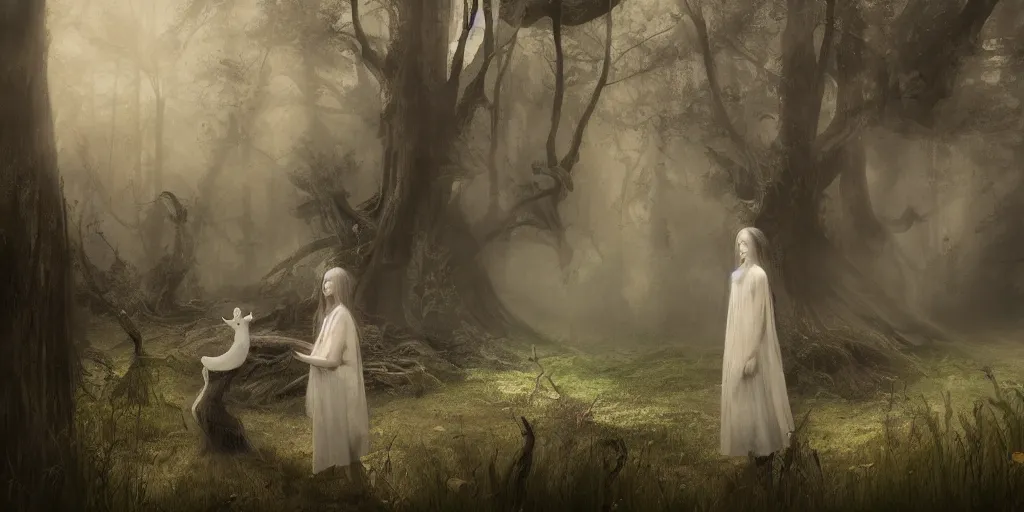 Image similar to a portrait of the ghost lady with a wood spirit in the trees with misty will o the wisp, photorealistic, by wlop, 4 k resolution h 7 6 8