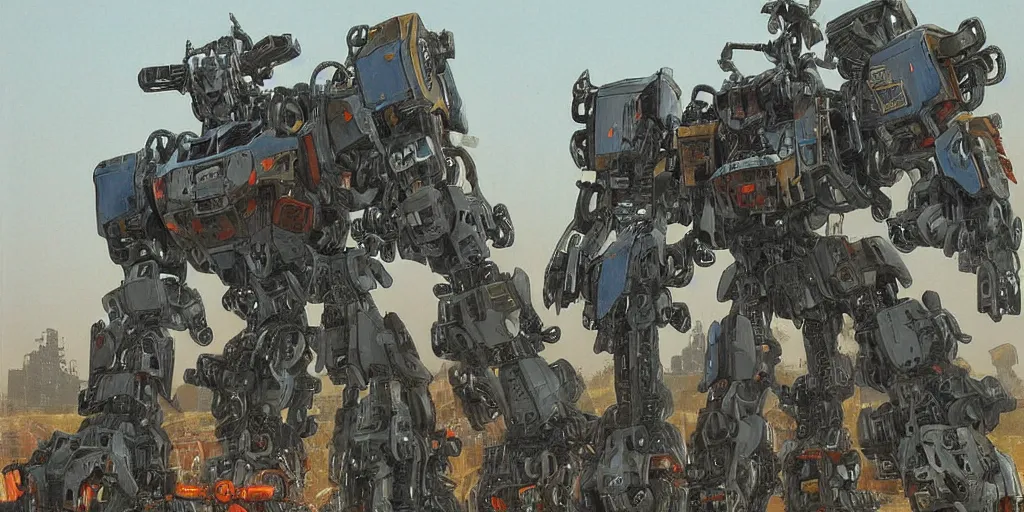 Image similar to Highly detailed painting of a large battle mech equipped with many chainsaws by moebius