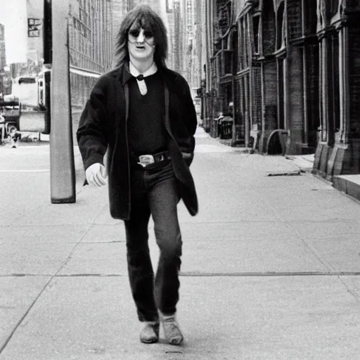 Image similar to John Lennon walking down a street in new York, hyper realistic, HD, HQ, photo realistic