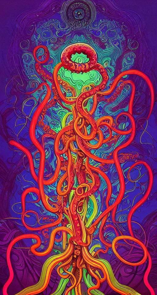 Prompt: An extremely psychedelic abstract illustration of octapus with colorful glowing tentacles, colorful, surreal, dramatic lighting, magic mushrooms, psilocybin, LSD, detailed, intricate, elegant, highly detailed, digital painting, artstation, concept art, smooth, sharp focus, illustration, art by Krenz Cushart and Artem Demura and alphonse mucha, unreal engine 5 render, 8k