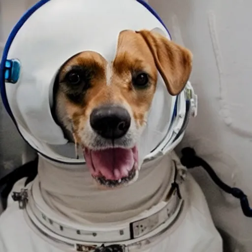 Image similar to a dog taking a dump wearing an astronaut helmet, in the middle of the ocean