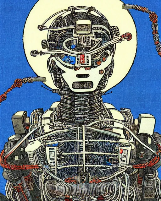 Prompt: Hiroshige portrait of a robot saint made of cables and robotic pod by Marc Silvestri