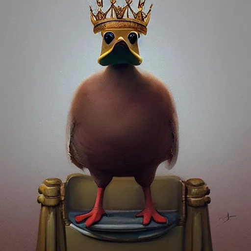 Image similar to A duck wearing a crown, snide expression on his face, sitting on a throne, digital art, artstation, Mandy Jurgens, CGSociety, WLOP