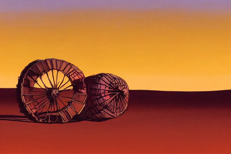 Image similar to giant wheels roll toward a golden desert sunset, cinemascope, studio ghibli, widescreen