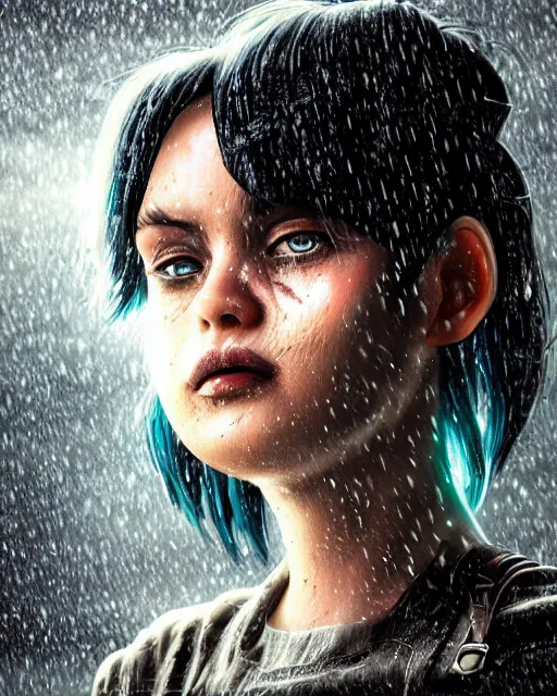 Prompt: An epic fantasy comic book style portrait painting of a very beautiful imposing Industrial goth Dora The Explorer in the rain, wet hair, neon reflections, character design by Mark Ryden and Pixar and Hayao Miyazaki, unreal 5, DAZ, hyperrealistic, octane render, cosplay, RPG portrait, dynamic lighting, intricate detail, cinematic