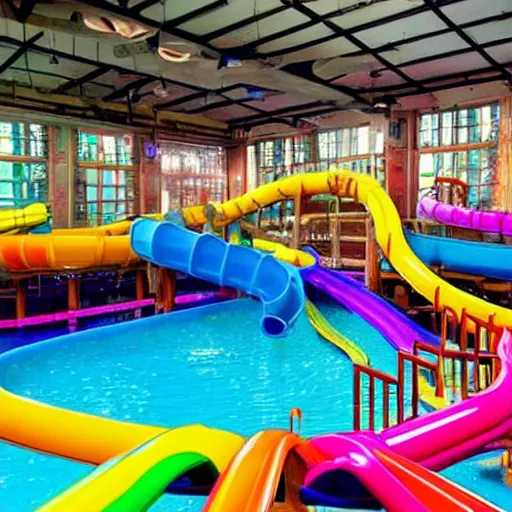 Image similar to dark, empty indoor children's water park with colorful water slides, nostalgic, hazy, dream - like