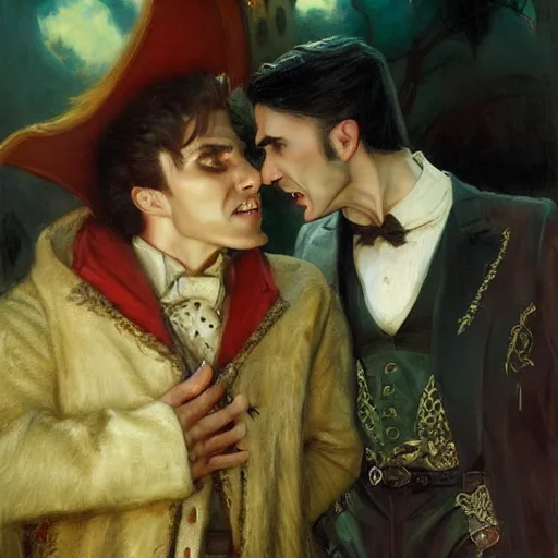 Image similar to attractive male, arthur pendragon confesses his love to attractive male dracula the vampire. highly detailed painting by gaston bussiere, craig mullins, j. c. leyendecker 8 k